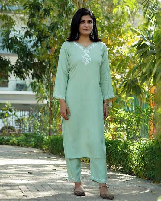 Adah Chikankari Rayon Kurta Pant Set
