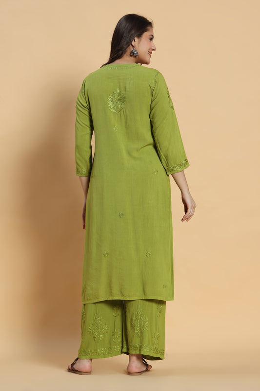 Haryali Chikankari Rayon Kurta Pant Set