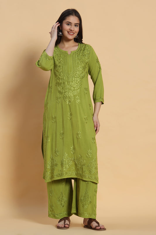Haryali Chikankari Rayon Kurta Pant Set