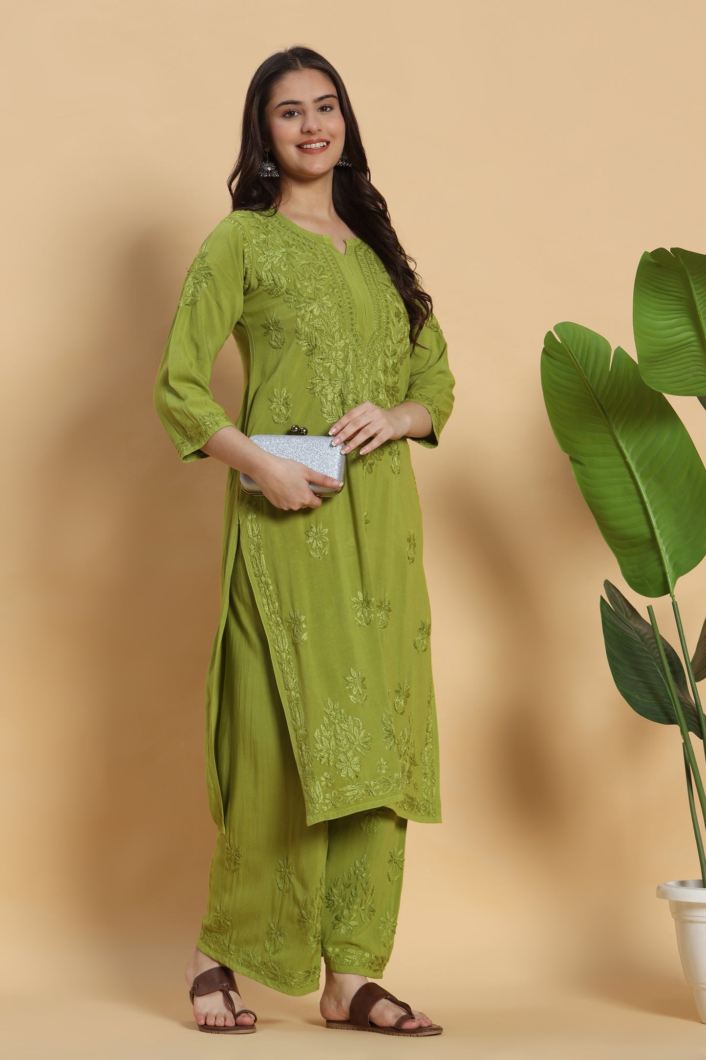 Haryali Chikankari Rayon Kurta Pant Set