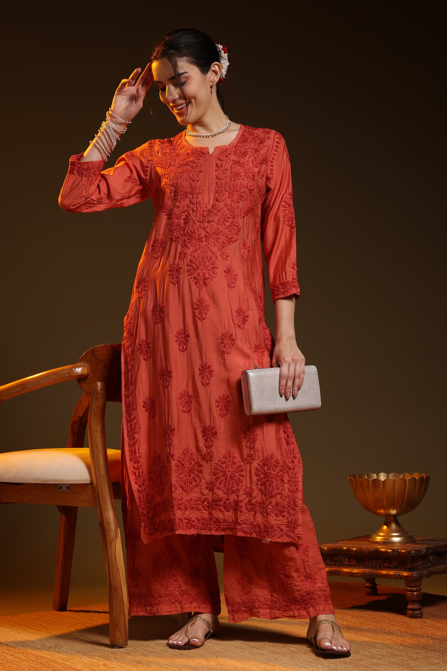 Rafina Chikankari Chanderi Kurta Pant set